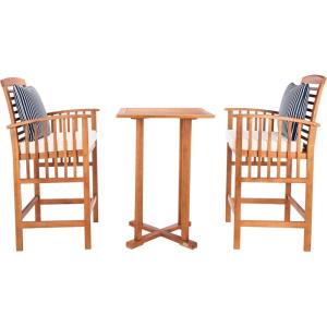 SAFAVIEH Outdoor Collection Pate White/ Navy Cushions/ Stripe Pillows 3-Piece Bar Table Bistro Set(Natural / Beige + Thin Stripe P)