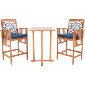 SAFAVIEH Outdoor Collection Pate White/ Navy Cushions/ Stripe Pillows 3-Piece Bar Table Bistro Set(Natural / Navy + Trellis P)