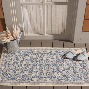 SAFAVIEH Washable Rug Outdoor Courtyard Collection – 4′ x 5’7″, Terracotta & Natural, Non-Shedding & Easy Cleaning, Ideal for Patio, Backyard, Mudroom (CY2098-3202)(Natural/Blue)