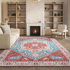 SAFAVIEH Washable Rug Tucson Collection – 8′ x 10′, Aqua & Rust, Slip Resistant & Easy to Clean, Ideal for Living Room, Bedroom, Dining Space (TSN120J)(Aqua/Rust)
