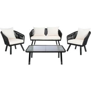 Safavieh Outdoor Collection Jorda Wicker Cushion 4-Piece Rope Patio Backyard Living Set PAT7518B, Black/Beige(Black / Beige)