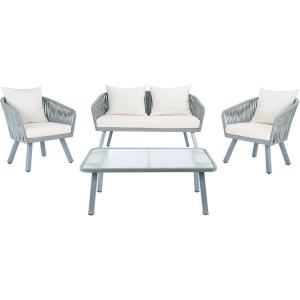 Safavieh Outdoor Collection Jorda Wicker Cushion 4-Piece Rope Patio Backyard Living Set PAT7518B, Black/Beige(Grey / Beige)
