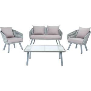 Safavieh Outdoor Collection Jorda Wicker Cushion 4-Piece Rope Patio Backyard Living Set PAT7518B, Black/Beige(Grey / Grey)