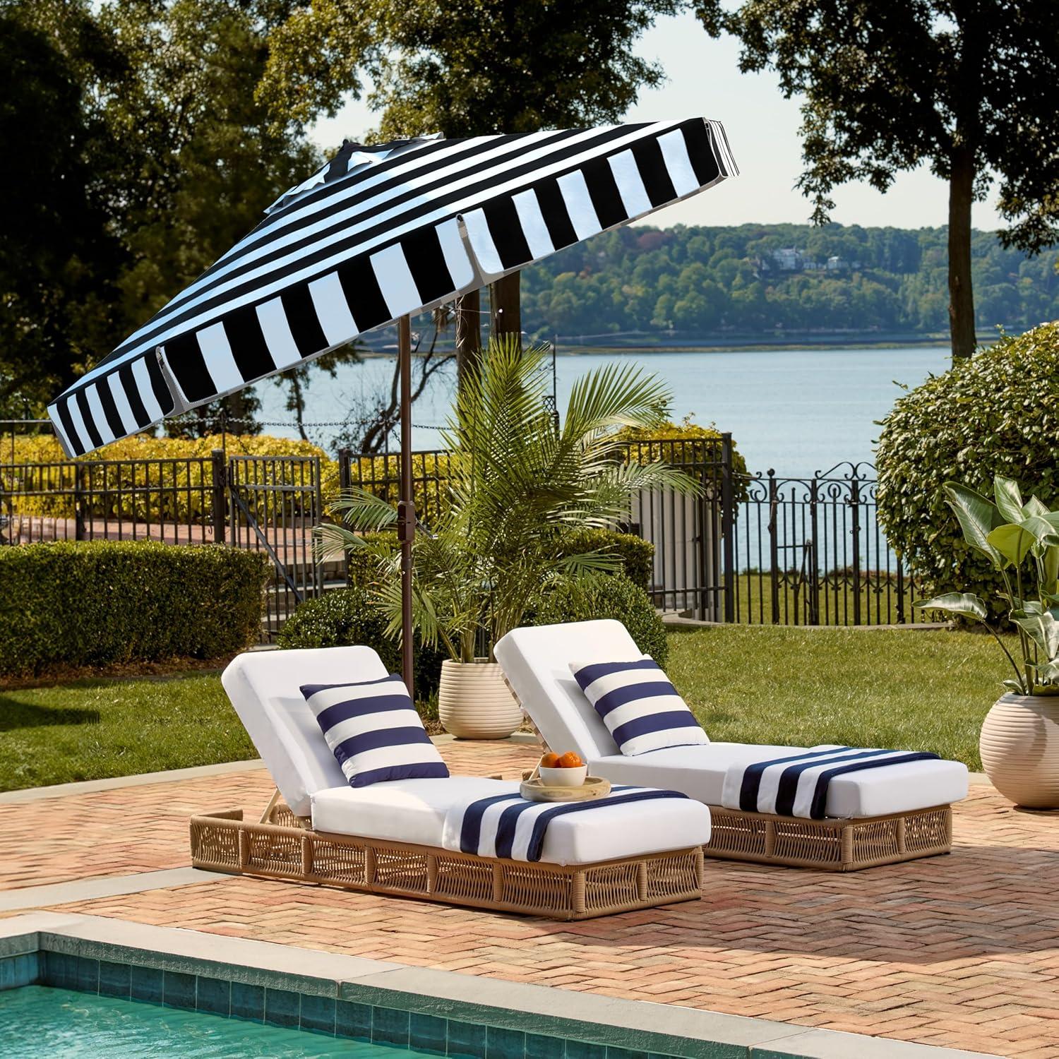 image:imageSAFAVIEH 9ft Outdoor Patio Umbrella Round Else Collection Navy amp White Stripe Auto Crank Tilt UV Resistant for Deck Backyard Poolside PAT8003BBlack White