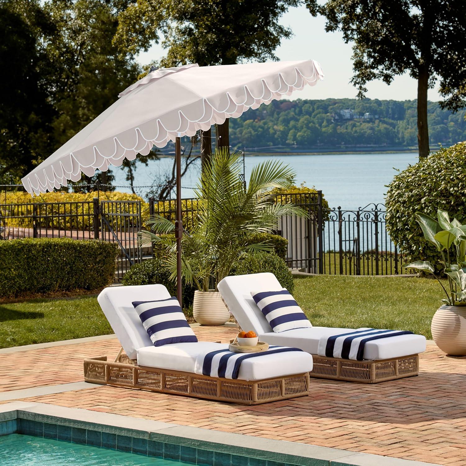 image:imageSAFAVIEH 9ft Outdoor Patio Umbrella Round Valance Navy amp White Trim Auto Crank Tilt UV Resistant for Deck Backyard Poolside PAT8006ABeigeWhite