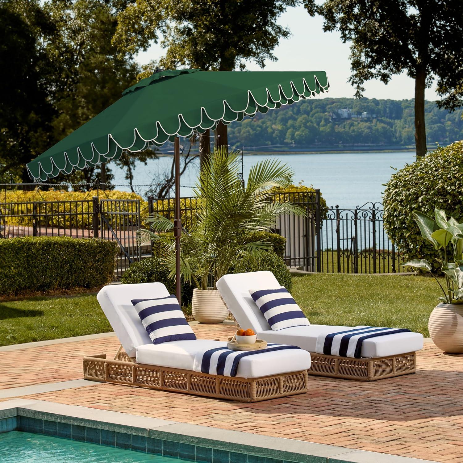 image:imageSAFAVIEH 9ft Outdoor Patio Umbrella Round Valance Navy amp White Trim Auto Crank Tilt UV Resistant for Deck Backyard Poolside PAT8006AHunter Green