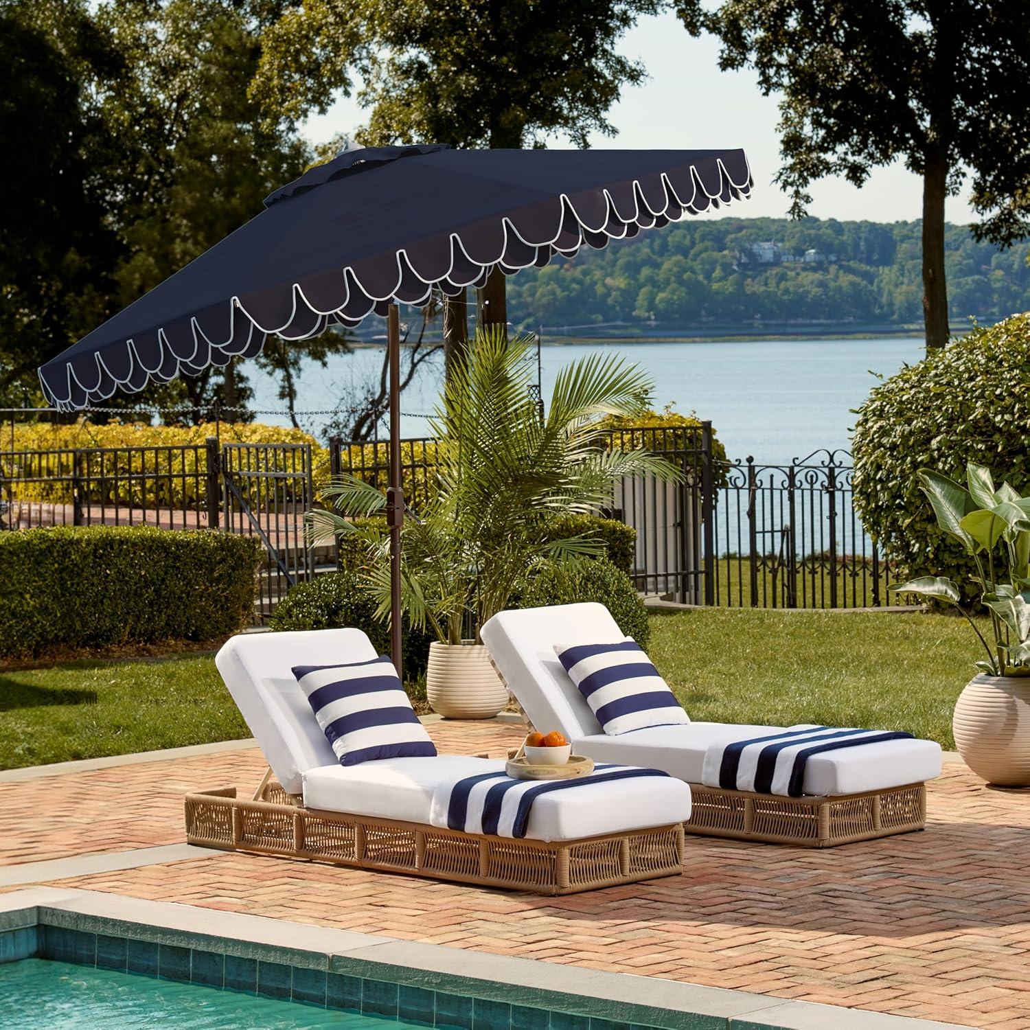 image:imageSAFAVIEH 9ft Outdoor Patio Umbrella Round Valance Navy amp White Trim Auto Crank Tilt UV Resistant for Deck Backyard Poolside PAT8006ANavyWhite