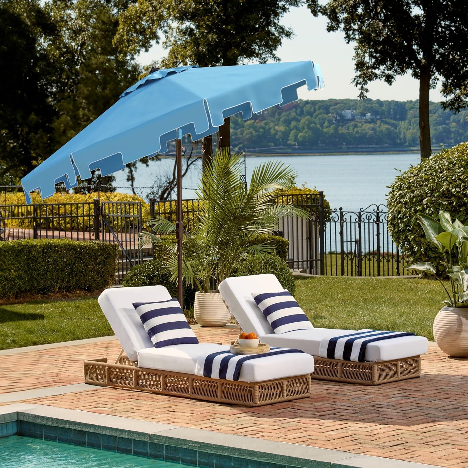 image:imageSAFAVIEH 9ft Outdoor Patio Umbrella Round Zimmerman Collection Yellow amp White Trim Button Tilt UV Resistant for Deck Backyard Poolside PAT8000FBaby BlueWhite
