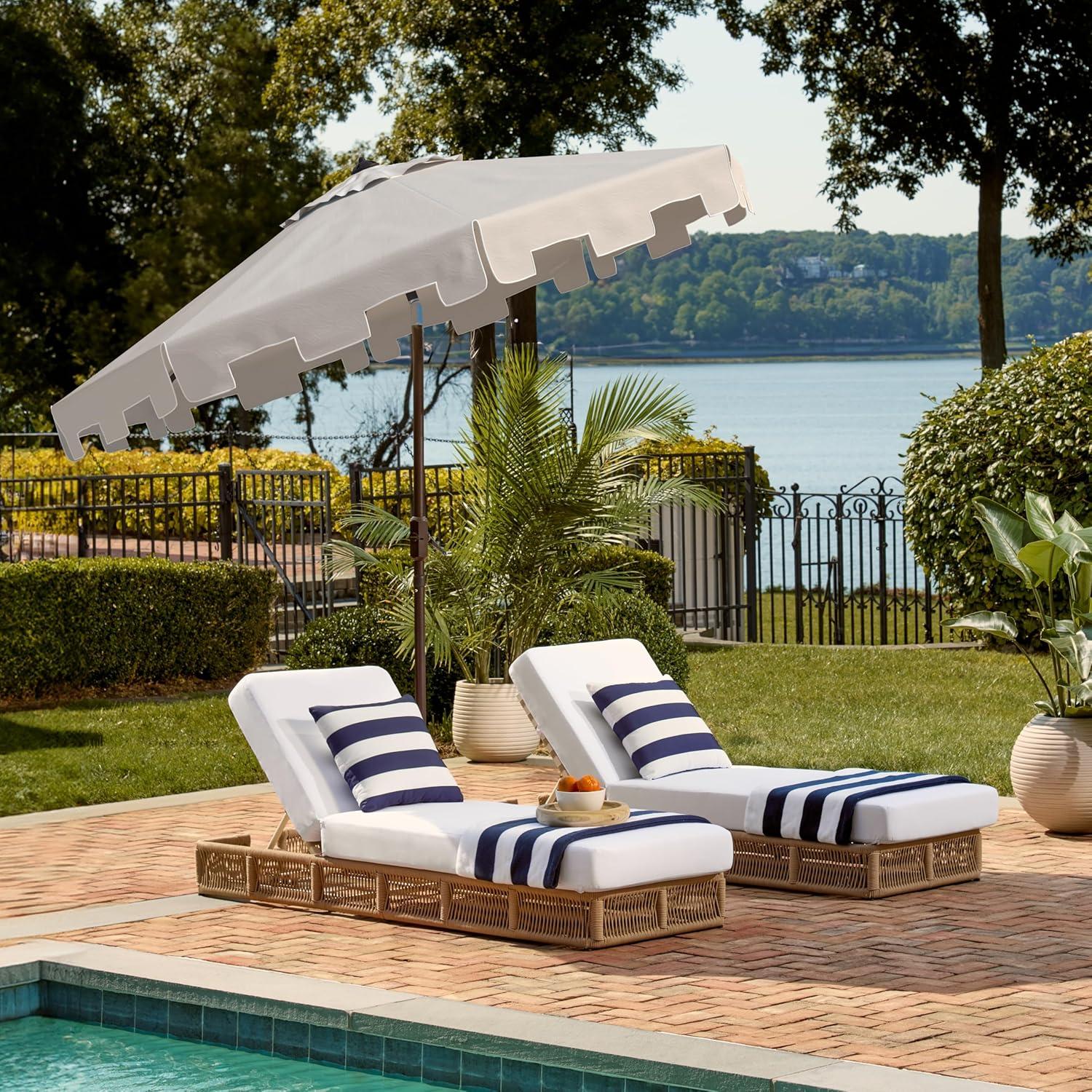 image:imageSAFAVIEH 9ft Outdoor Patio Umbrella Round Zimmerman Collection Yellow amp White Trim Button Tilt UV Resistant for Deck Backyard Poolside PAT8000FBeige