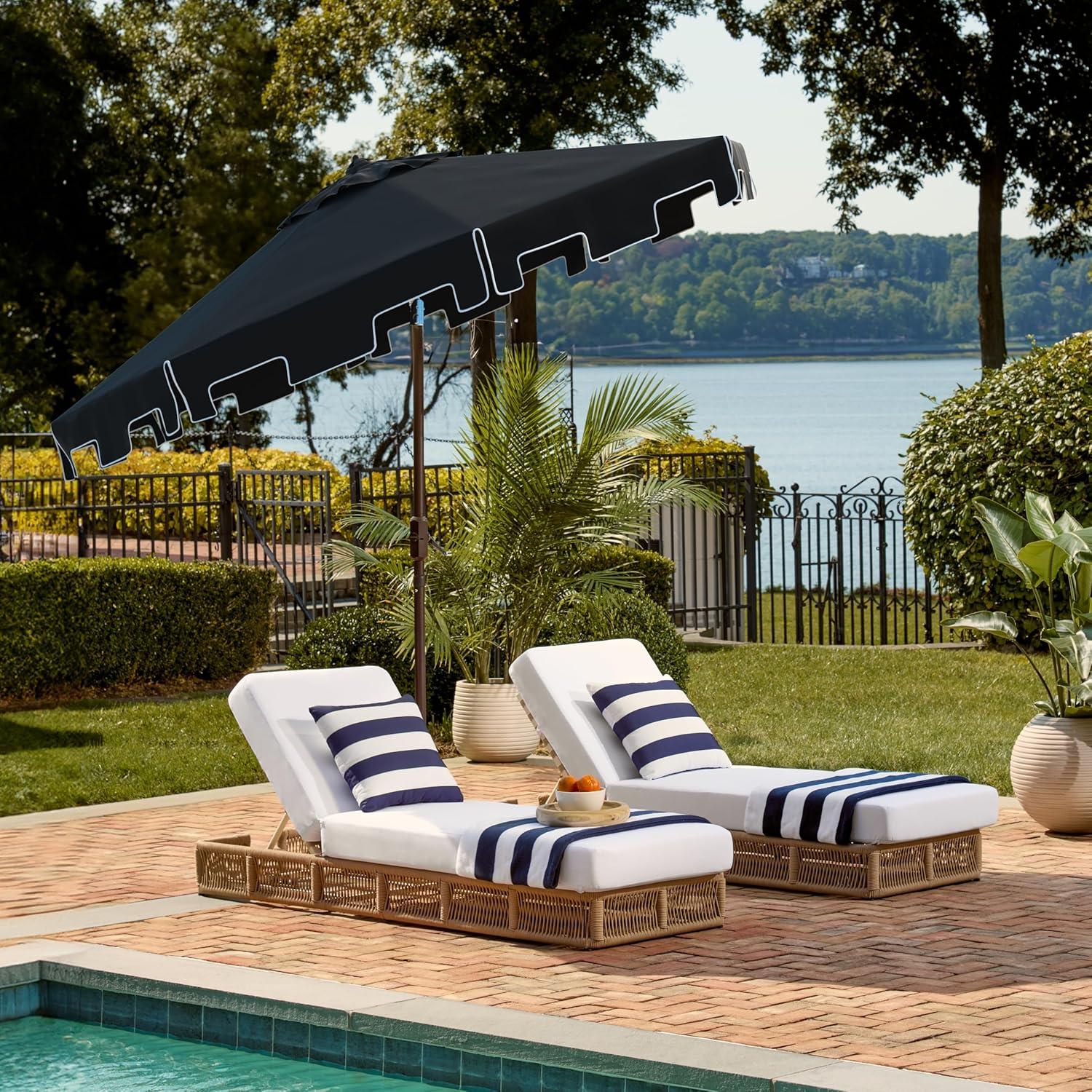 image:imageSAFAVIEH 9ft Outdoor Patio Umbrella Round Zimmerman Collection Yellow amp White Trim Button Tilt UV Resistant for Deck Backyard Poolside PAT8000FBlackWhite