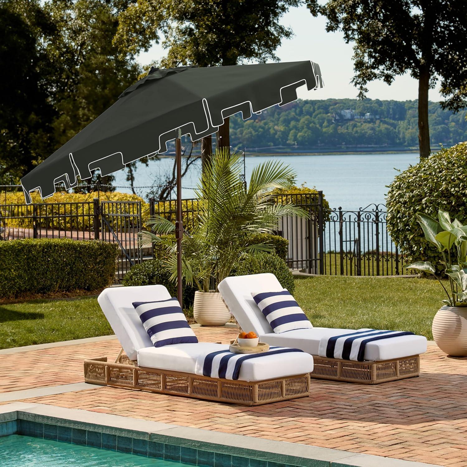 image:imageSAFAVIEH 9ft Outdoor Patio Umbrella Round Zimmerman Collection Yellow amp White Trim Button Tilt UV Resistant for Deck Backyard Poolside PAT8000FDark Green