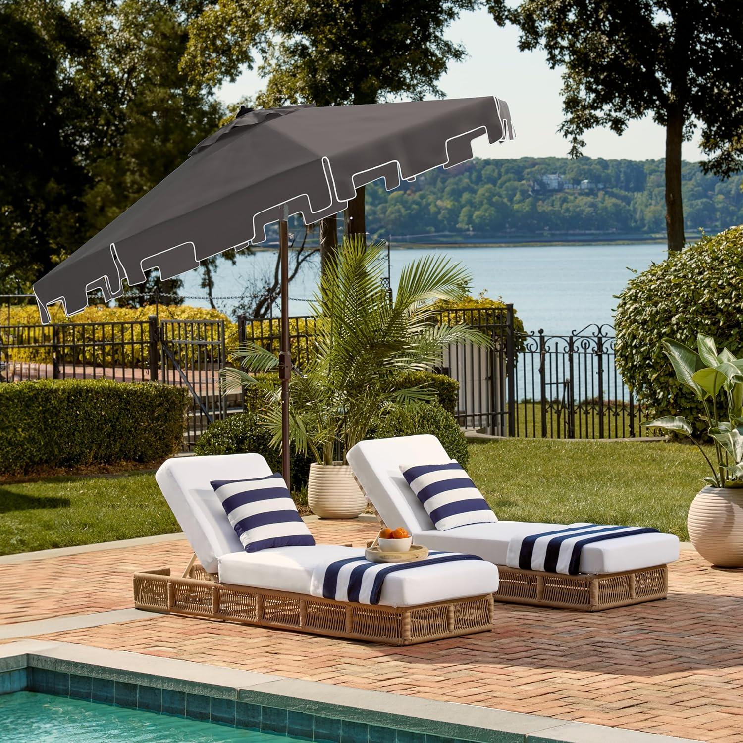 image:imageSAFAVIEH 9ft Outdoor Patio Umbrella Round Zimmerman Collection Yellow amp White Trim Button Tilt UV Resistant for Deck Backyard Poolside PAT8000FGray