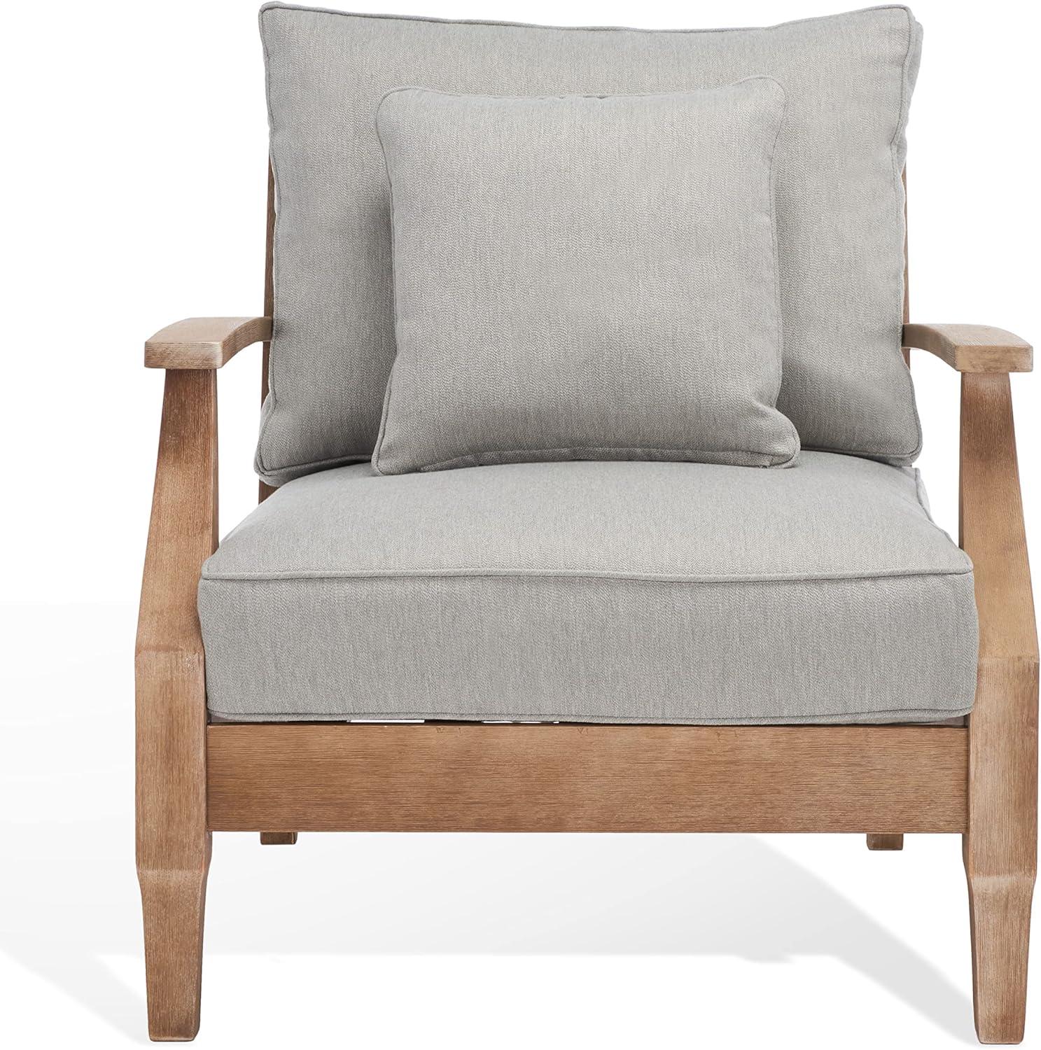 image:imageSAFAVIEH Couture Outdoor Collection Martinique NaturalDark Brown Cushion Solid Wood Patio Arm ChairNaturalGrey