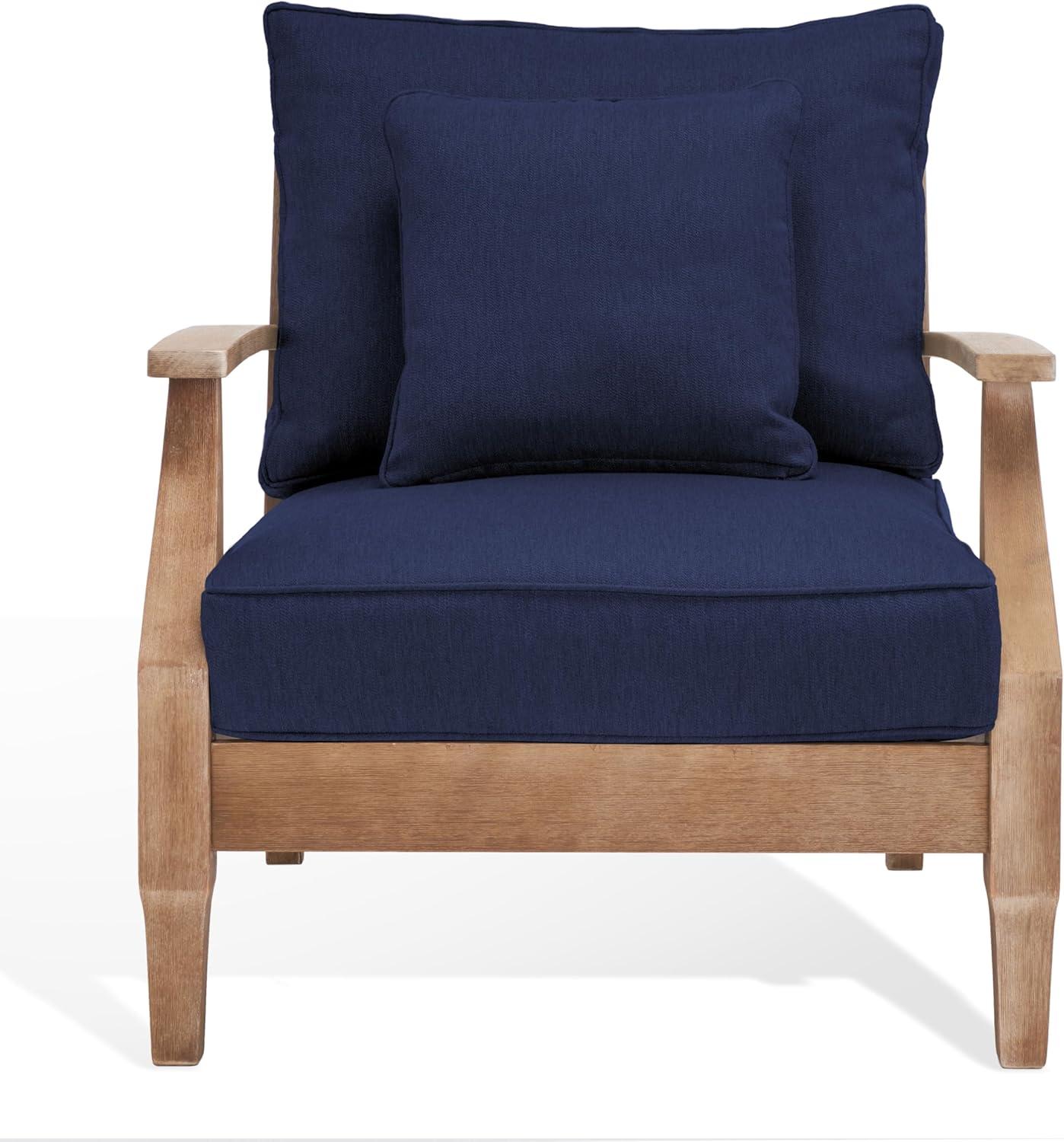 image:imageSAFAVIEH Couture Outdoor Collection Martinique NaturalDark Brown Cushion Solid Wood Patio Arm ChairNaturalNavy
