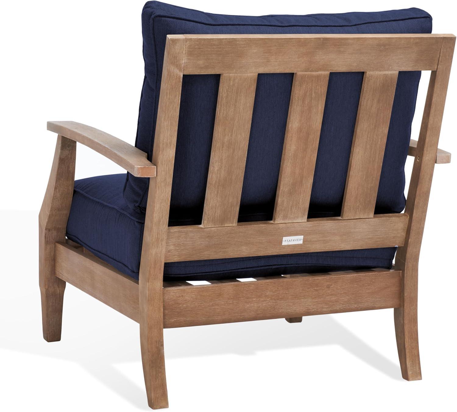 image:imageSAFAVIEH Couture Outdoor Collection Martinique NaturalDark Brown Cushion Solid Wood Patio Arm ChairNaturalNavy