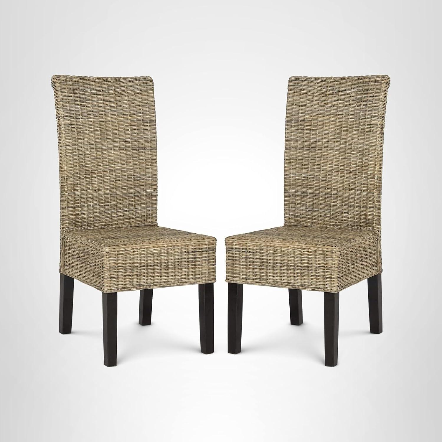image:imageSAFAVIEH Home Collection Arjun Set of 2 Grey Wicker Dining Chairs Tall Back Dining Chairs with Pine Wood Legs for Kitchen or Dining Room SEA8013ASET2Grey