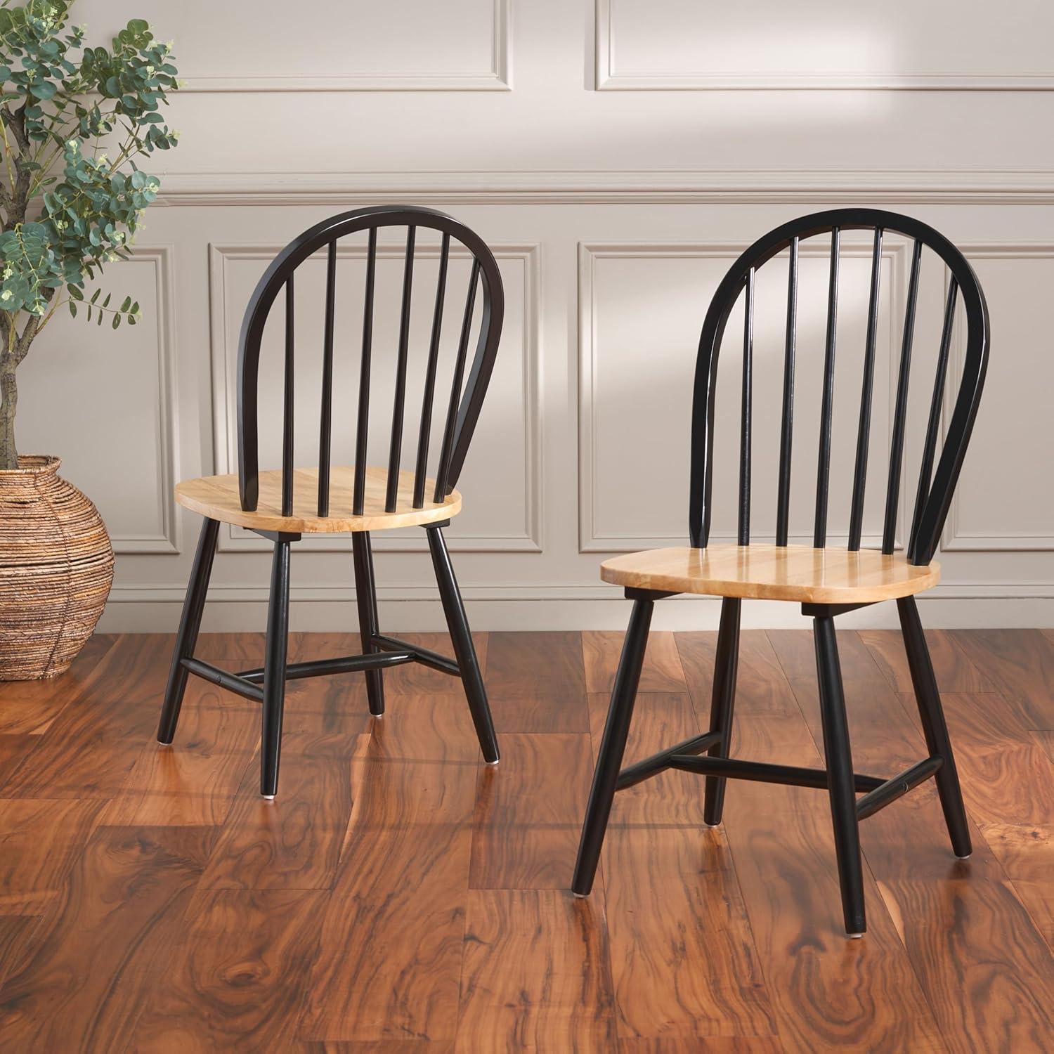 image:imageSAFAVIEH Home Collection Camden Set of 2 Natural amp Black Windsor Farmhouse Dining Chairs Oval Spindle Back Wood Chairs Americana Style Seating DCH8501GSET2