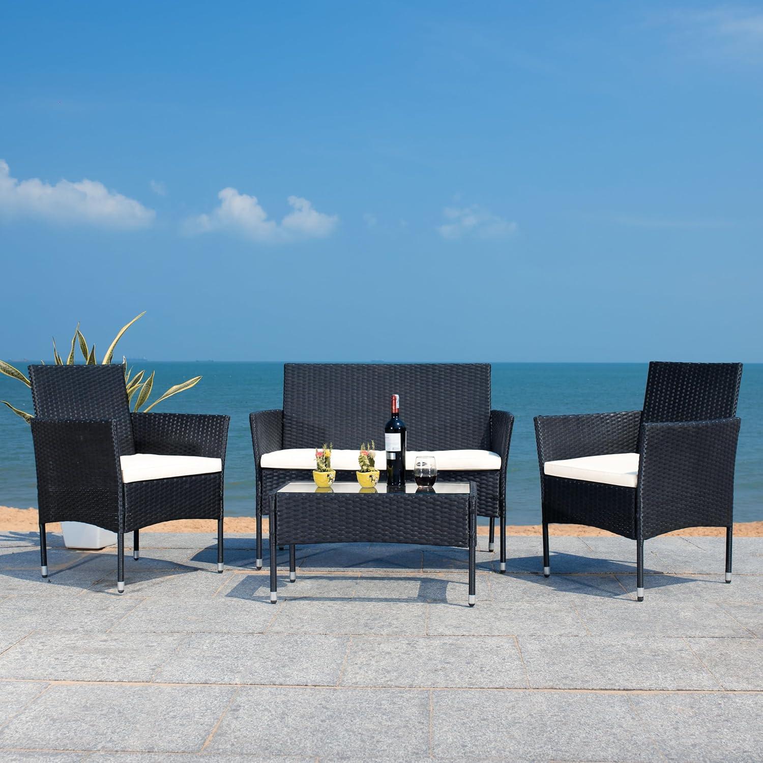 image:imageSAFAVIEH Outdoor Collection Abdul NaturalWhite Cushion 4Piece Conversation Patio Set PAT7504DBlackBeige