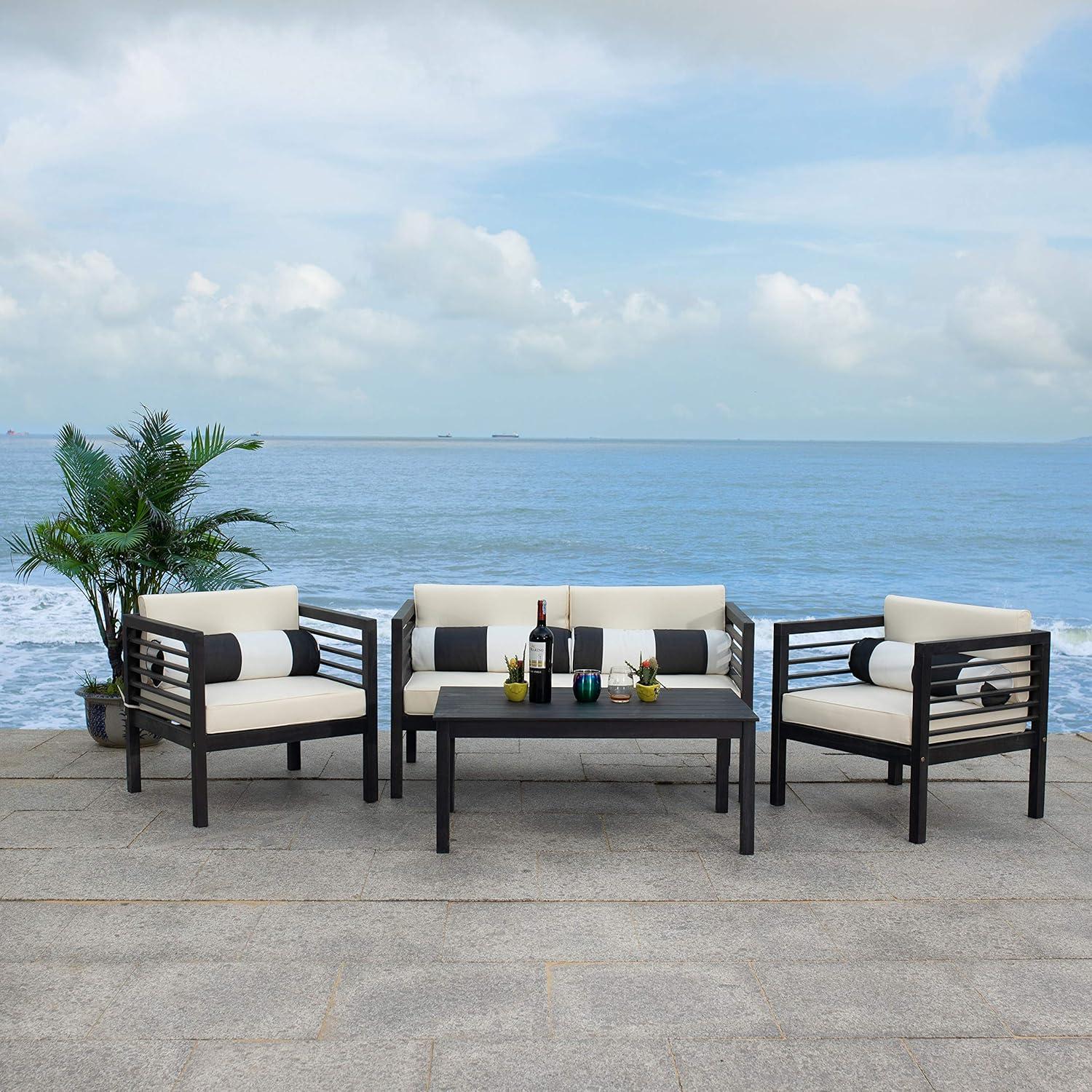 image:imageSAFAVIEH Outdoor Collection Alda Grey Wash White Cushions Light Blue Pillows 4Piece Conversation Patio SetBlack Beige Bolster P