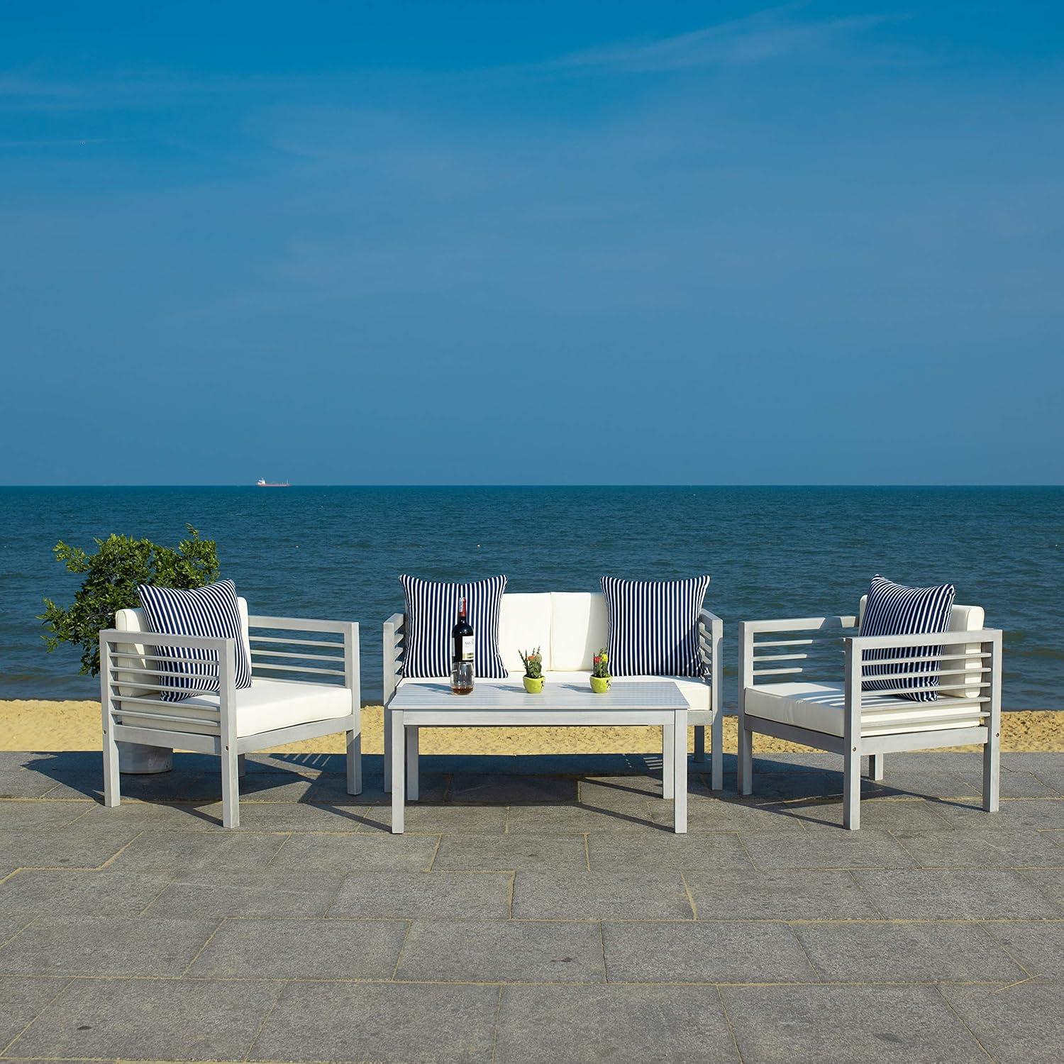image:imageSAFAVIEH Outdoor Collection Alda Grey Wash White Cushions Light Blue Pillows 4Piece Conversation Patio SetGrey Beige Thin Stripe P