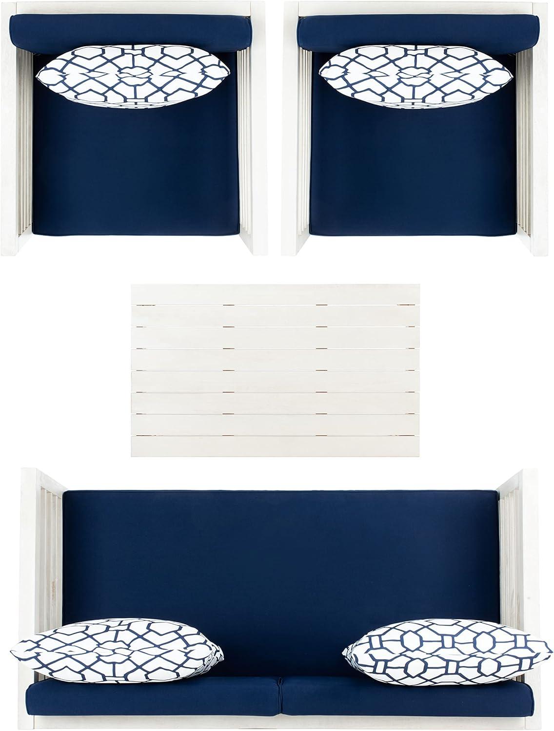image:imageSAFAVIEH Outdoor Collection Alda Grey Wash White Cushions Light Blue Pillows 4Piece Conversation Patio SetWhite Navy Trellis Pillow