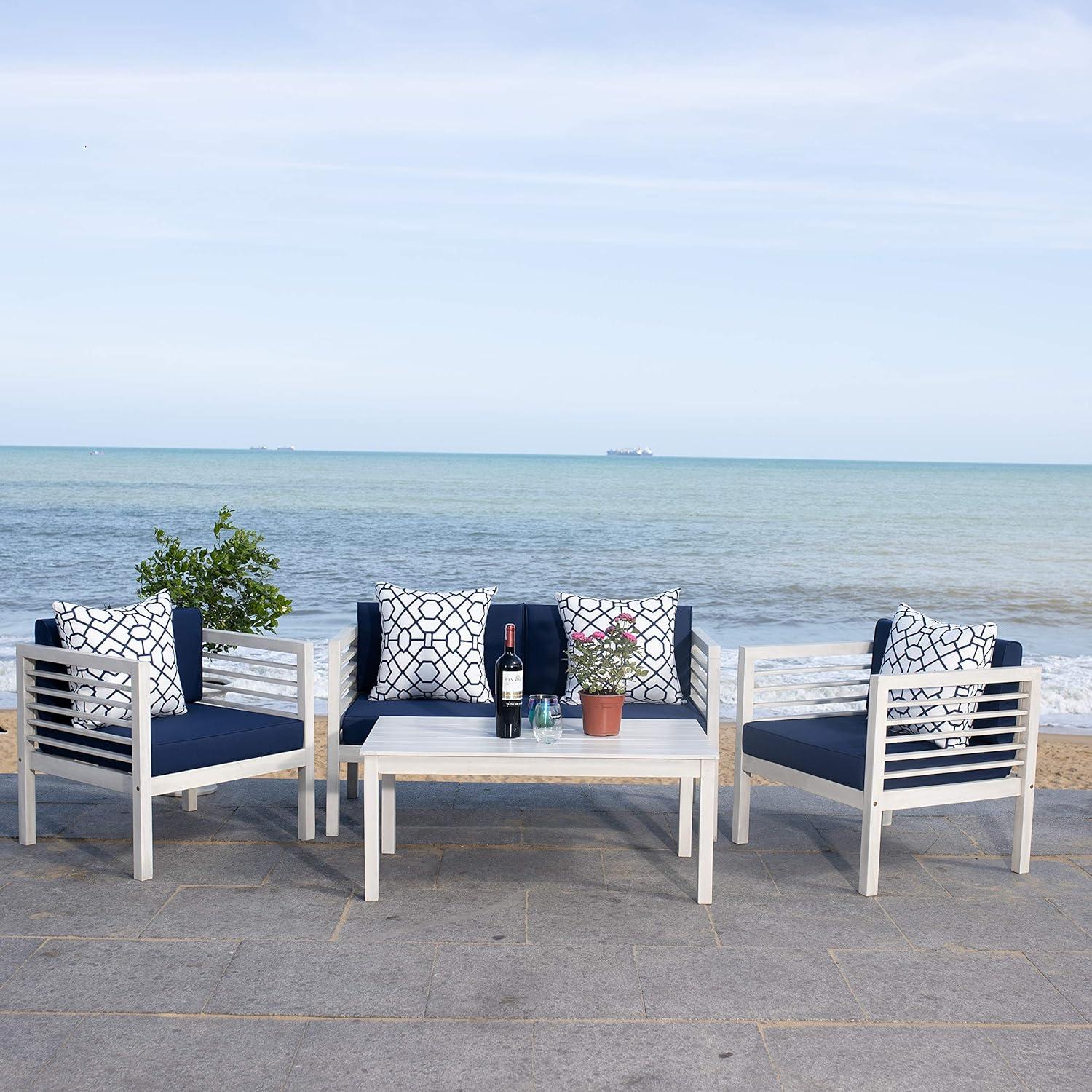 image:imageSAFAVIEH Outdoor Collection Alda Grey Wash White Cushions Light Blue Pillows 4Piece Conversation Patio SetWhite Navy Trellis Pillow