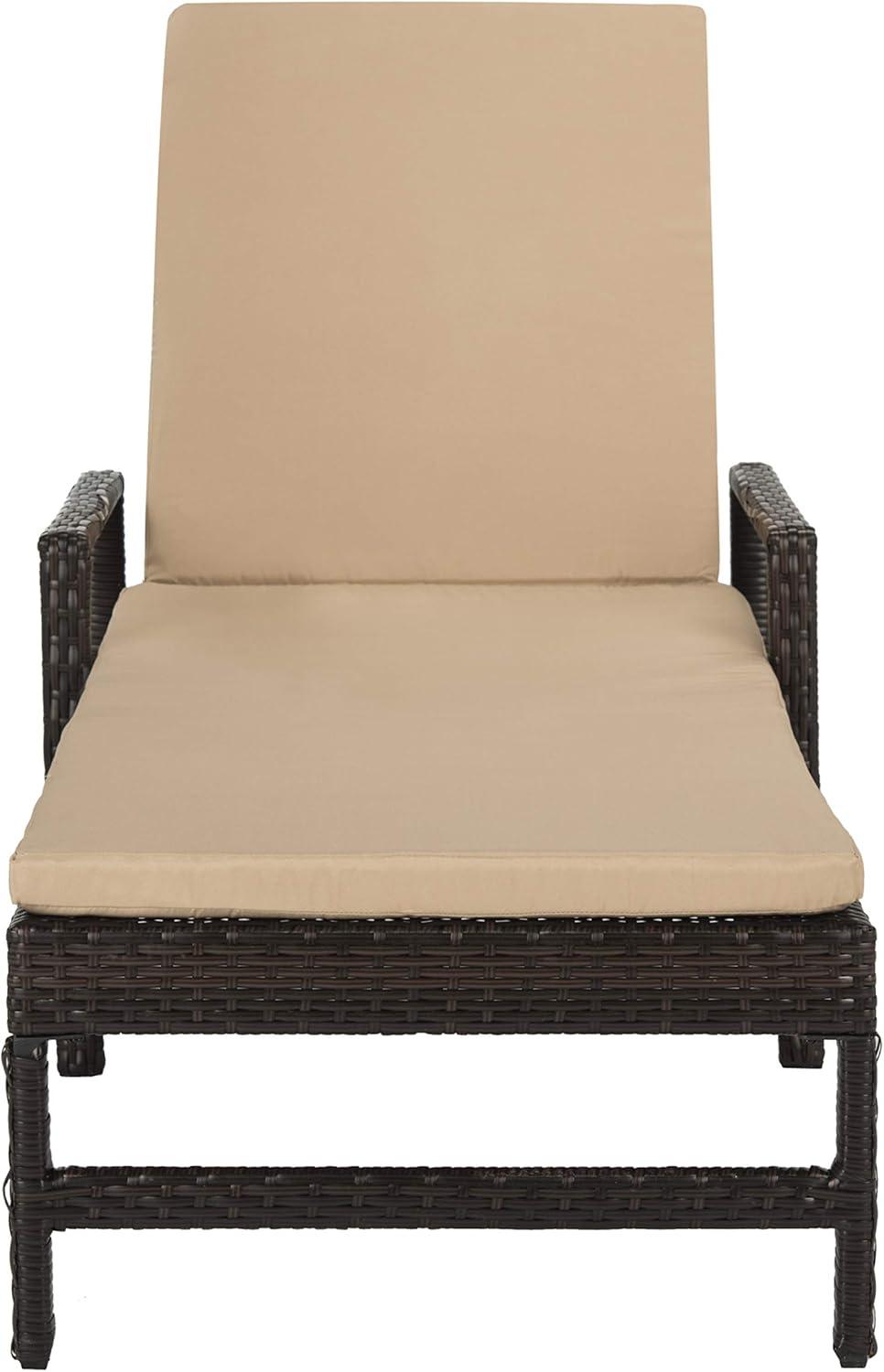 image:imageSAFAVIEH Outdoor Collection Alma Brown RattanBeige Cushion Adjustable Chaise Lounge Chair PAT9000A