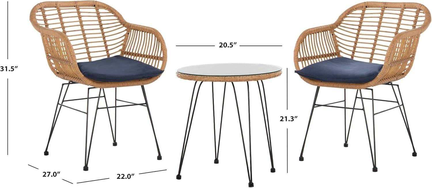 image:imageSAFAVIEH Outdoor Collection Alton Light Brown RattanWhite Seat Cushion 3Piece Patio Lounge Bistro Set with Table PAT9004ABrown Navy