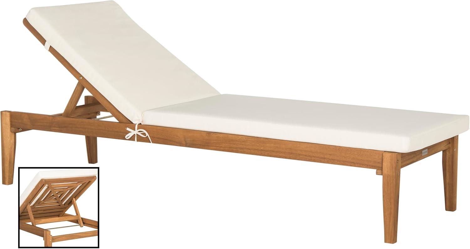 image:imageSAFAVIEH Outdoor Collection Arcata Natural Solid WoodBeige Cushion Adjustable Chaise Lounge Chair PAT6730ANatural Beige