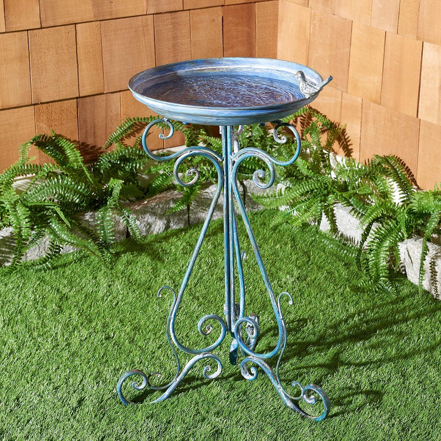 image:imageSAFAVIEH Outdoor Collection Ashlan Antique Blue Victorian Scroll Iron Garden Patio Backyard Charming Bird BathMossy Blue