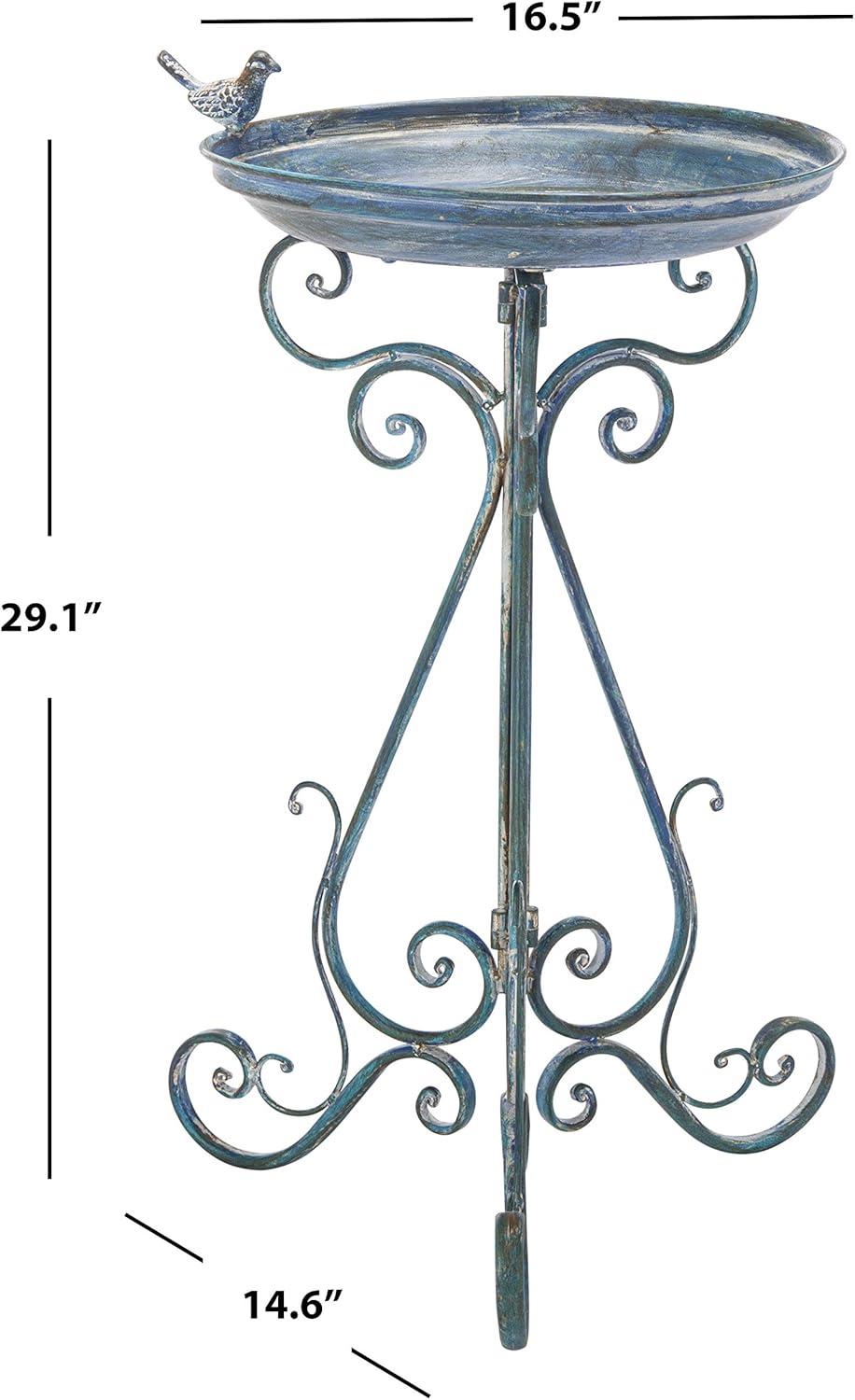 image:imageSAFAVIEH Outdoor Collection Ashlan Antique Blue Victorian Scroll Iron Garden Patio Backyard Charming Bird BathMossy Blue