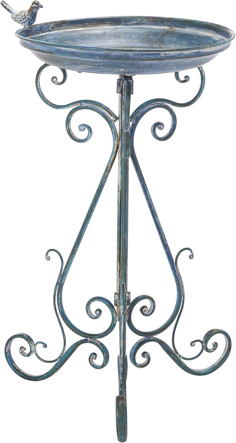 image:imageSAFAVIEH Outdoor Collection Ashlan Antique Blue Victorian Scroll Iron Garden Patio Backyard Charming Bird BathMossy Blue