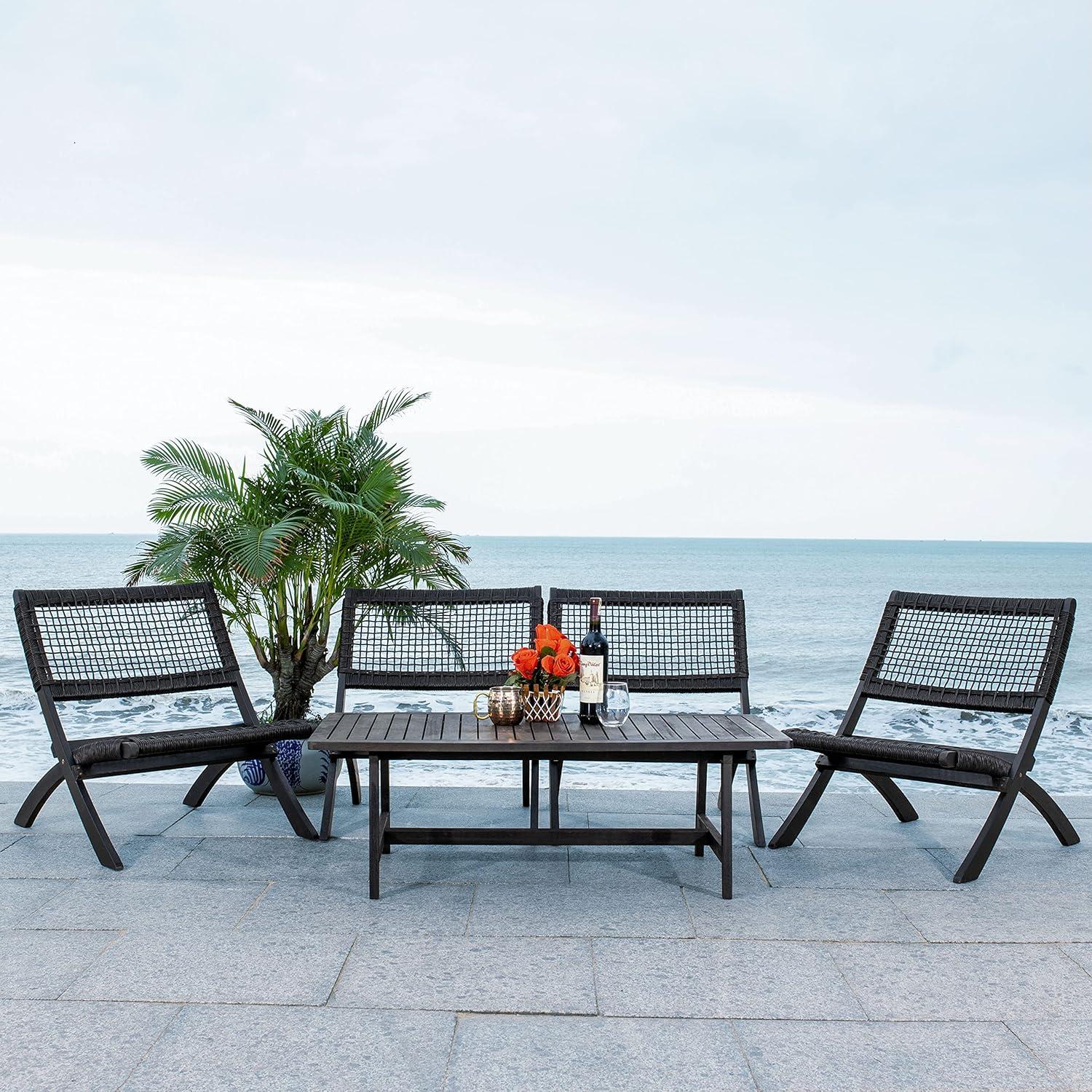 image:imageSAFAVIEH Outdoor Collection Blaze Coastal Natural Acacia WoodLight Brown 5Piece Coffee SetBlackBlack