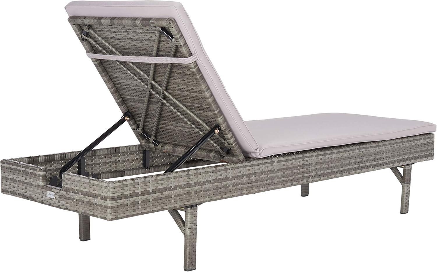 image:imageSAFAVIEH Outdoor Collection Cam Grey Brown WickerWhite Cushion Adjustable Chaise Lounge Chair BlackBeige PAT7501CGrey Grey