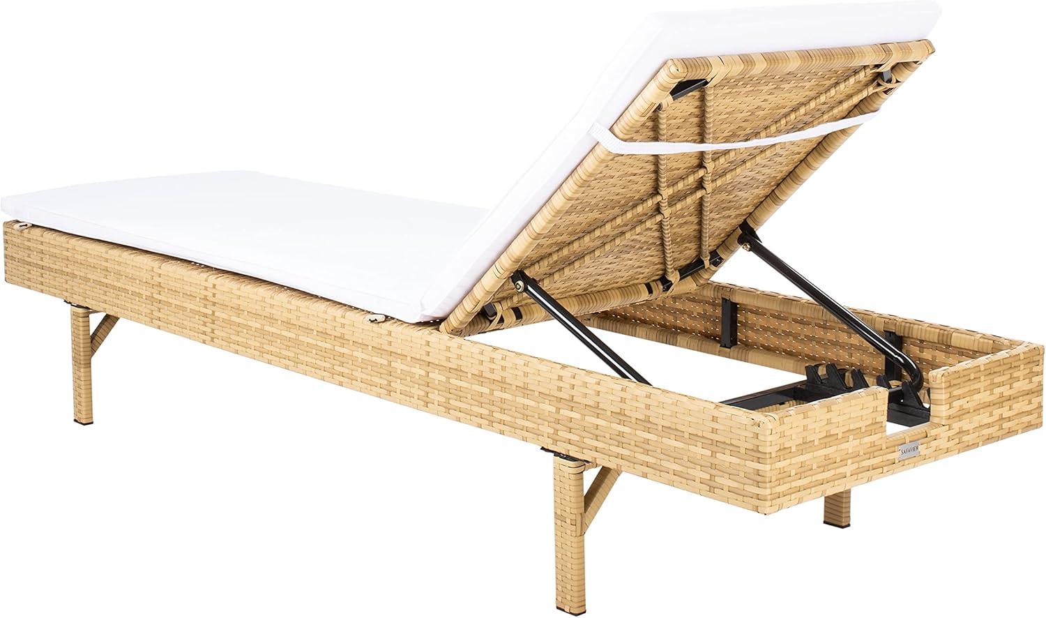 image:imageSAFAVIEH Outdoor Collection Cam Grey Brown WickerWhite Cushion Adjustable Chaise Lounge Chair BlackBeige PAT7501CNatural White