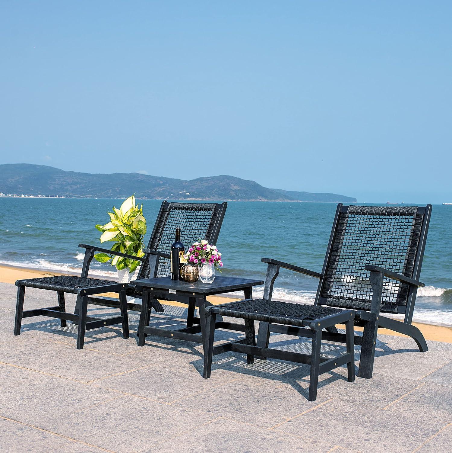 image:imageSAFAVIEH Outdoor Collection Chantelle Acacia Wood Woven Rattan 5Piece Patio Set PAT7076B GreyGreyBlackBlack