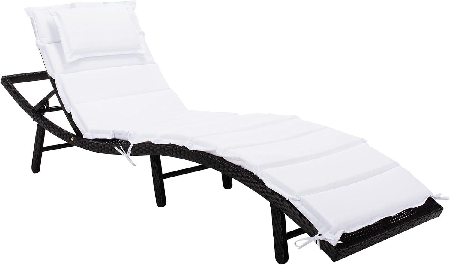 image:imageSAFAVIEH Outdoor Collection Colley Natural WickerWhite Cushion Adjustable Recliner Chaise Lounge Chair PAT7722DBlack