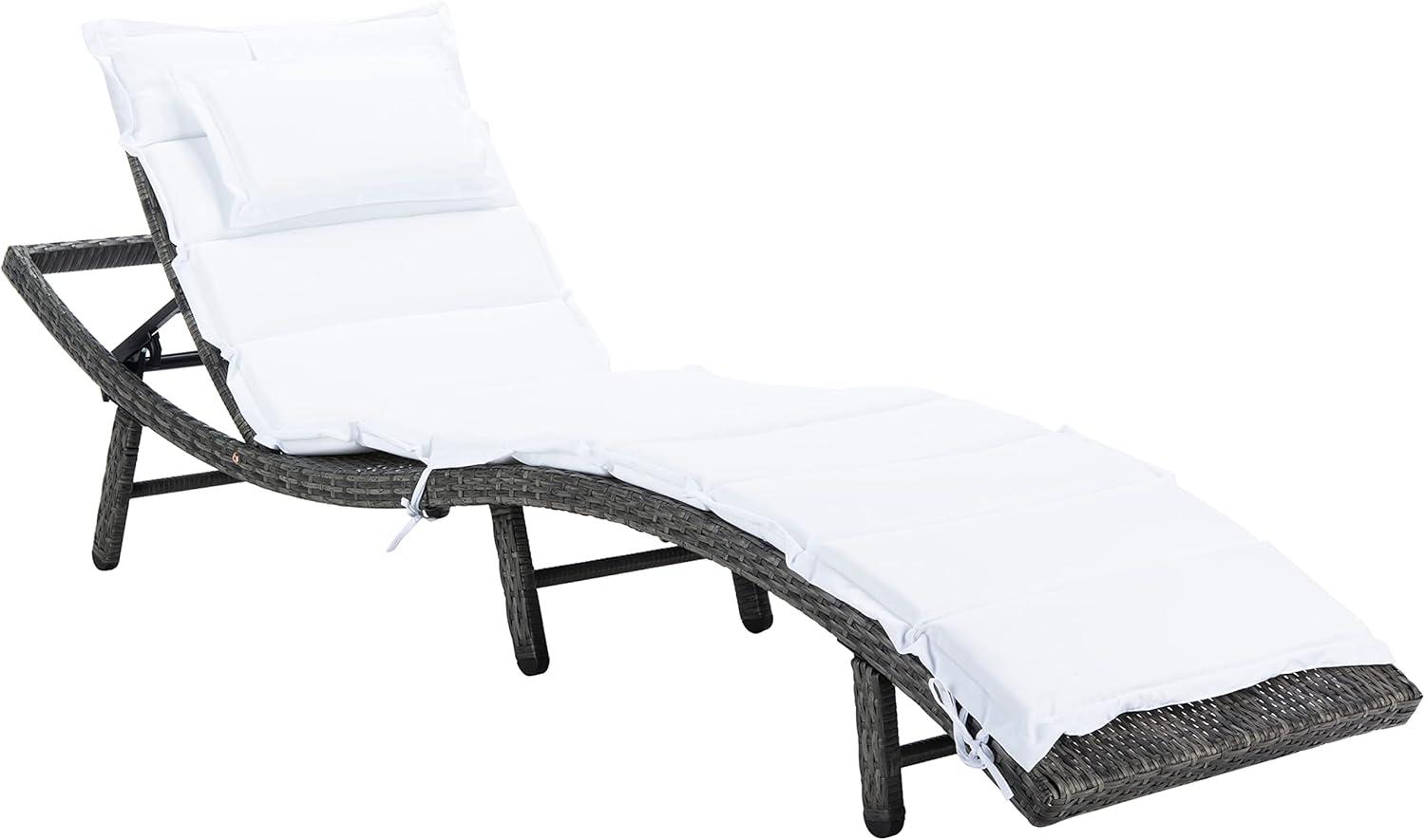 image:imageSAFAVIEH Outdoor Collection Colley Natural WickerWhite Cushion Adjustable Recliner Chaise Lounge Chair PAT7722DGrey Brown