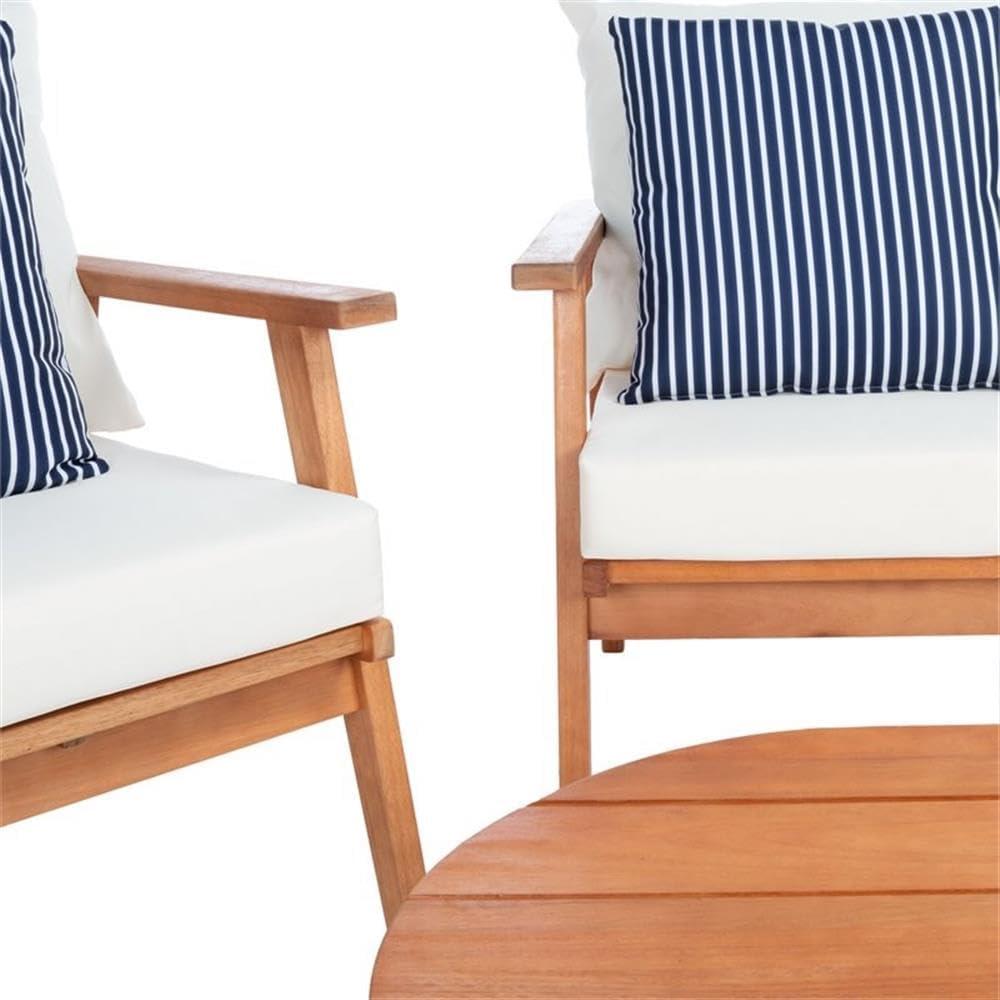 image:imageSAFAVIEH Outdoor Collection Deacon Natural Acacia WoodBeige Cushion 4Piece Conversation Patio Set with Accent PillowsBeigeNavy