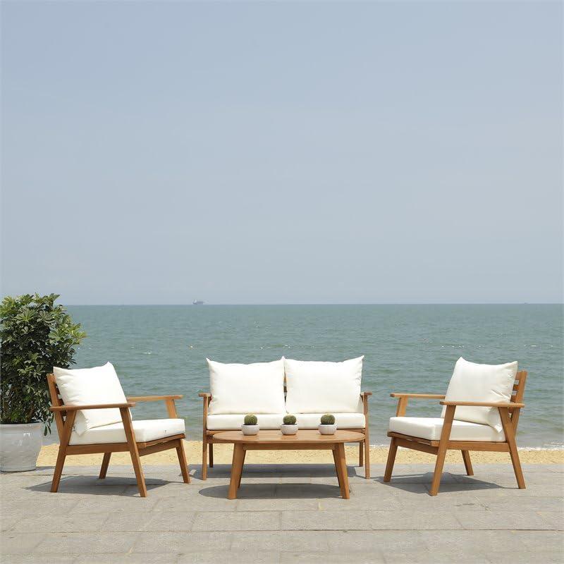 image:imageSAFAVIEH Outdoor Collection Deacon Natural Acacia WoodBeige Cushion 4Piece Conversation Patio Set with Accent PillowsNaturalBeige