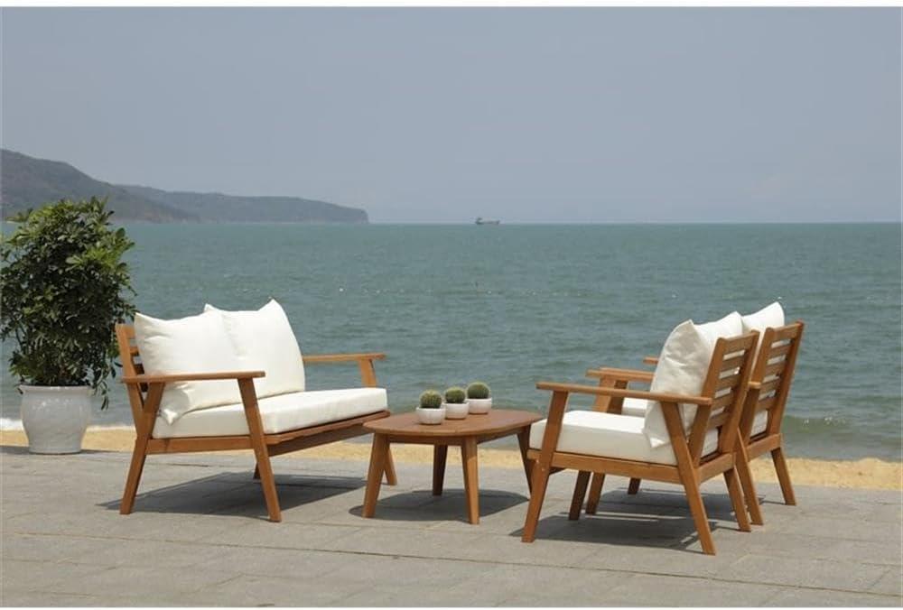 image:imageSAFAVIEH Outdoor Collection Deacon Natural Acacia WoodBeige Cushion 4Piece Conversation Patio Set with Accent PillowsNaturalBeige