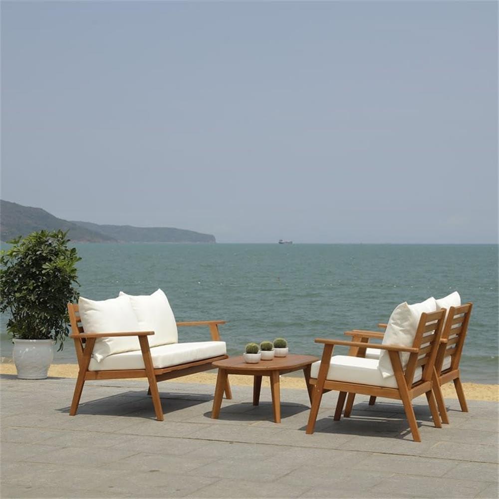 image:imageSAFAVIEH Outdoor Collection Deacon Natural Acacia WoodBeige Cushion 4Piece Conversation Patio Set with Accent PillowsNaturalBeige
