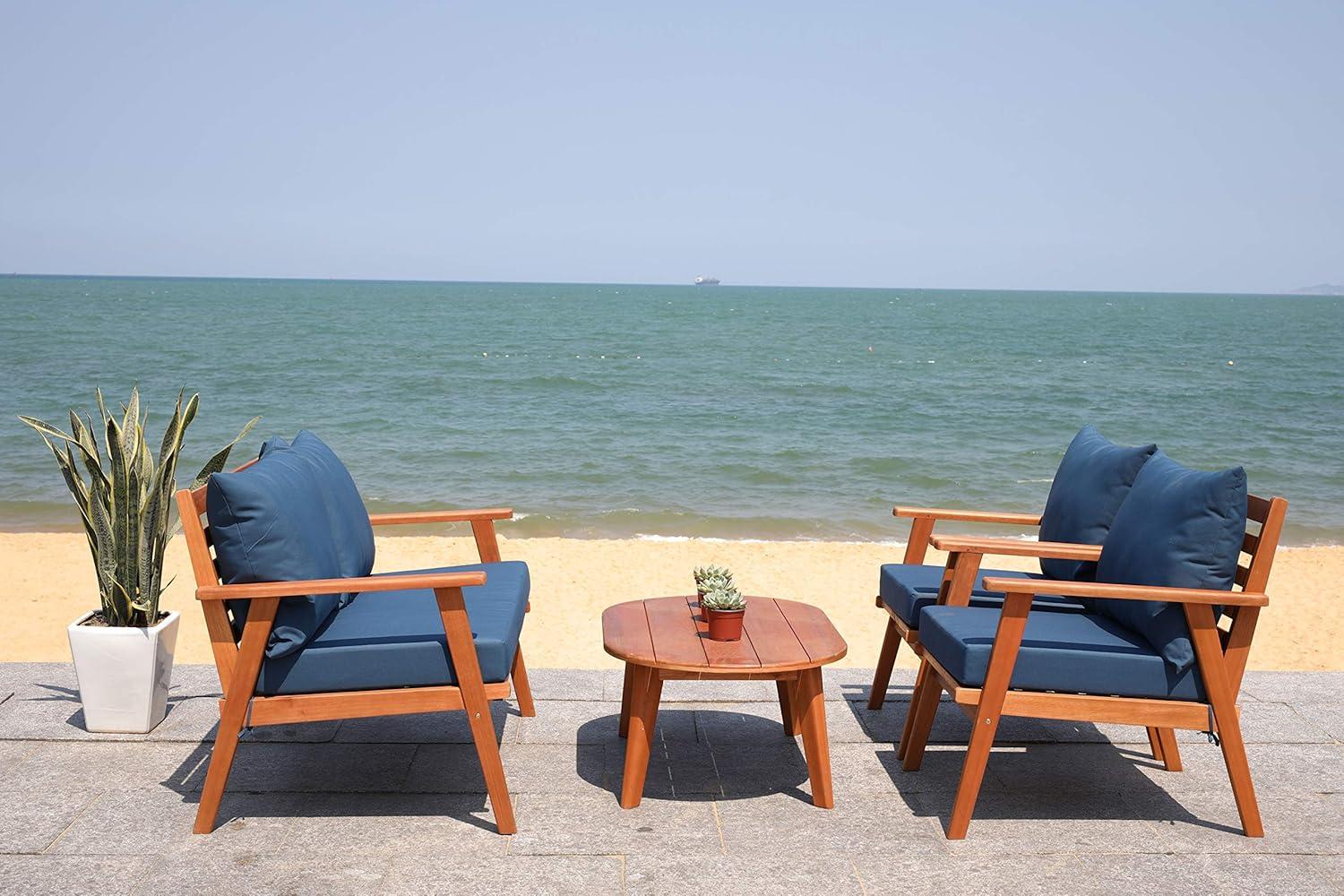 image:imageSAFAVIEH Outdoor Collection Deacon Natural Acacia WoodBeige Cushion 4Piece Conversation Patio Set with Accent PillowsNaturalNavy