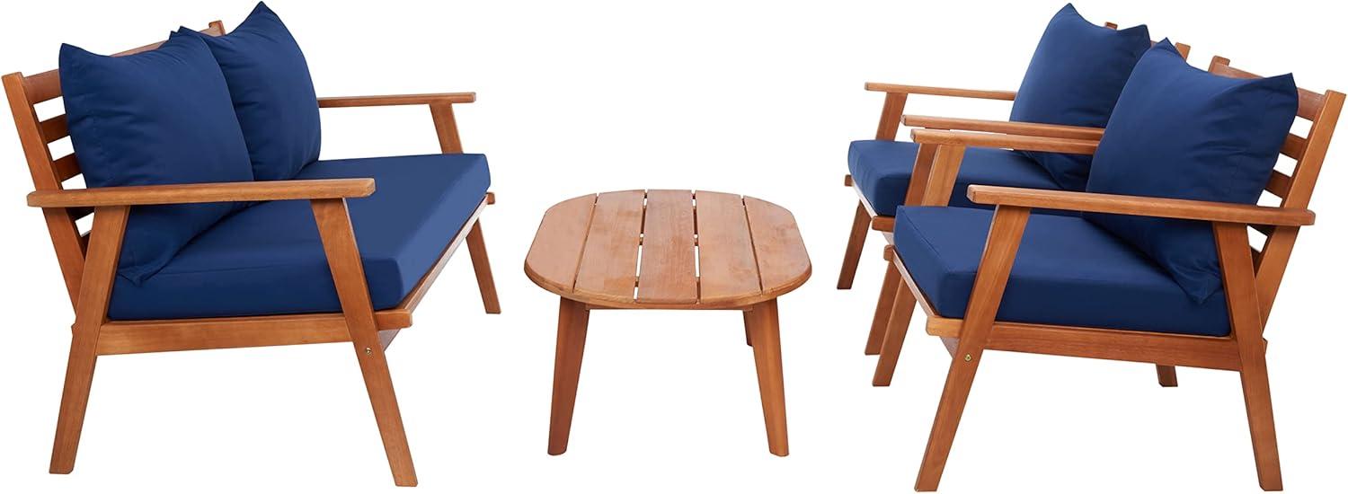 image:imageSAFAVIEH Outdoor Collection Deacon Natural Acacia WoodBeige Cushion 4Piece Conversation Patio Set with Accent PillowsNaturalNavy