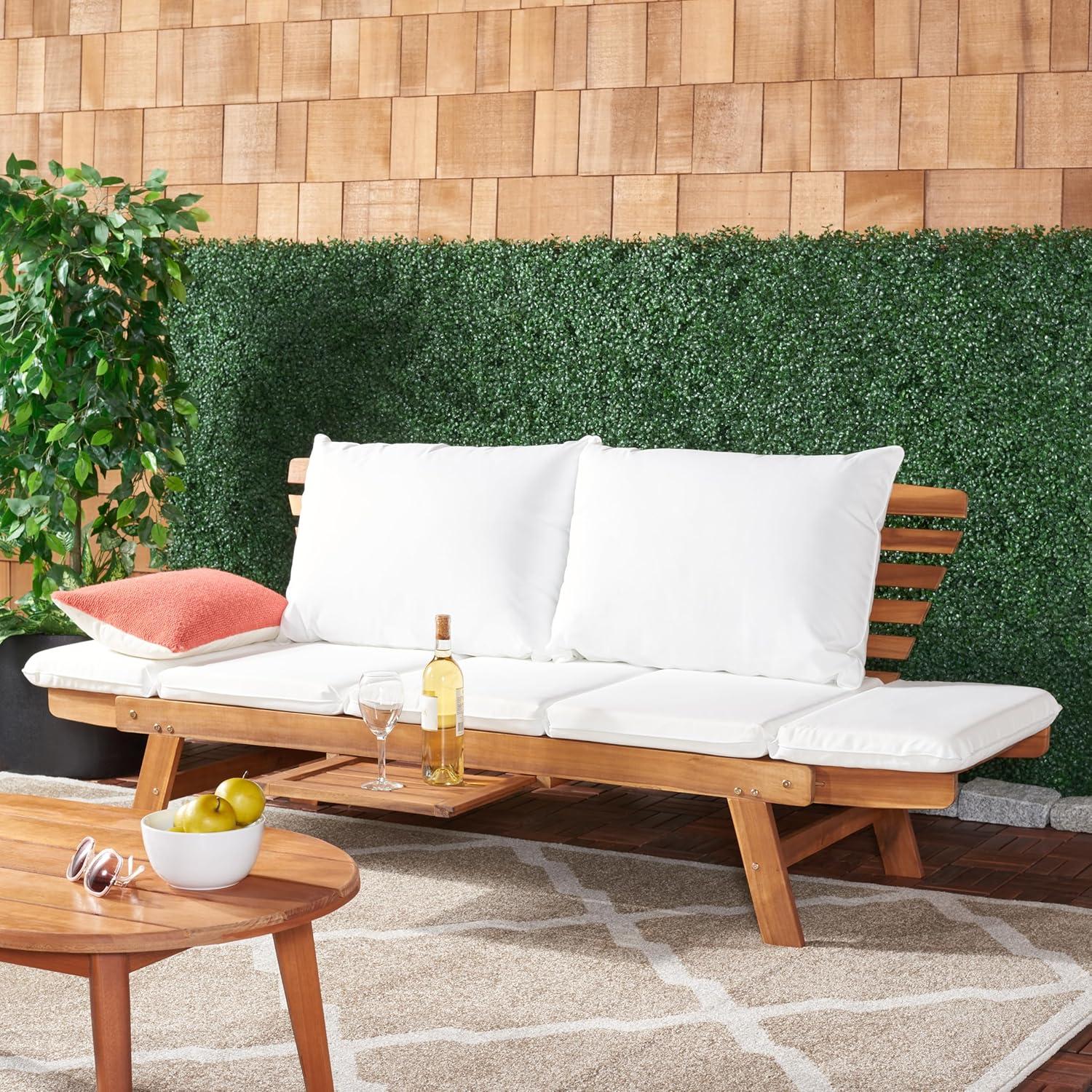 image:imageSAFAVIEH Outdoor Collection Emely Natural Acacia WoodGrey Expandable Loveseat DaybedNaturalBeige