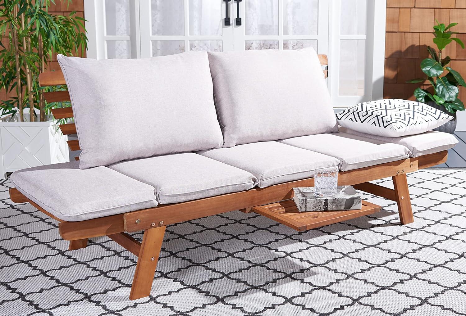 image:imageSAFAVIEH Outdoor Collection Emely Natural Acacia WoodGrey Expandable Loveseat DaybedNaturalLight Grey