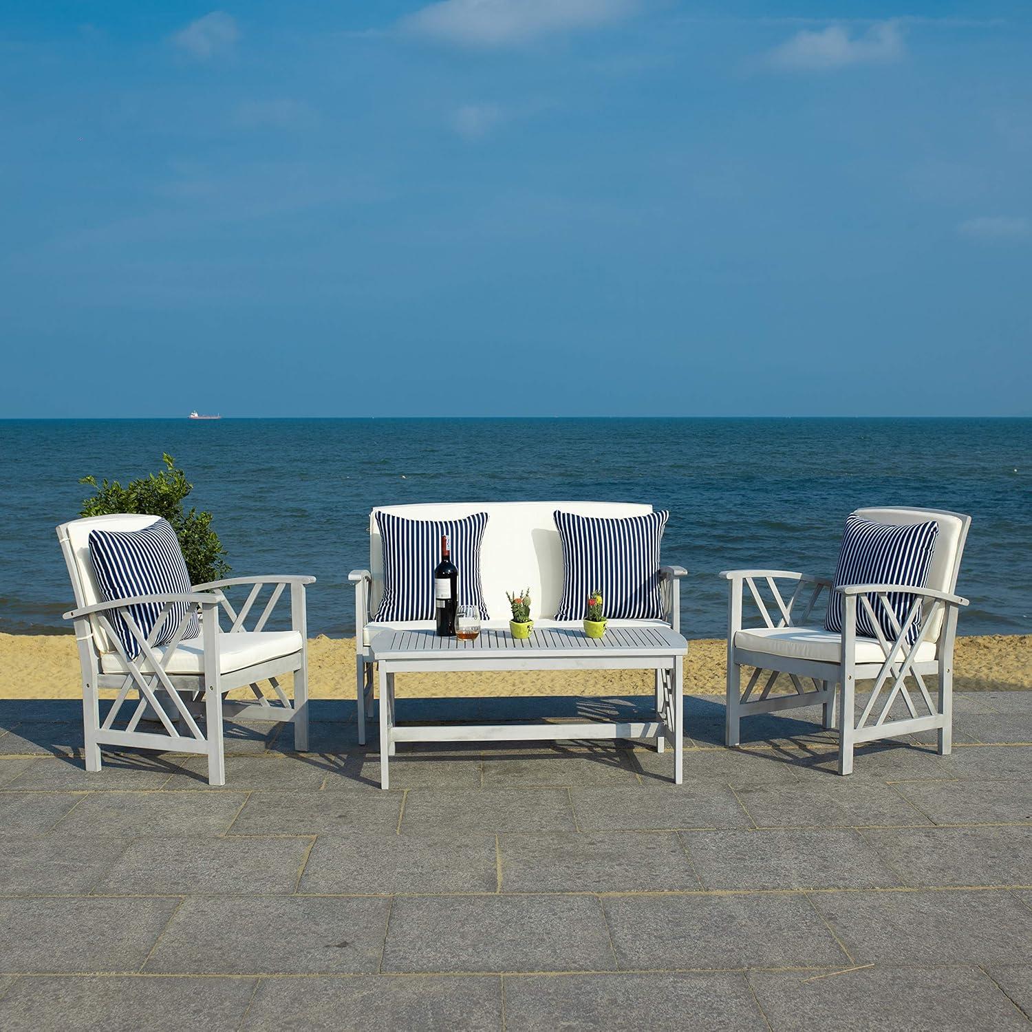 image:imageSAFAVIEH Outdoor Collection Fontana NaturalAqua Cushion 4Piece Conversation Patio SetGrey Beige Stripe