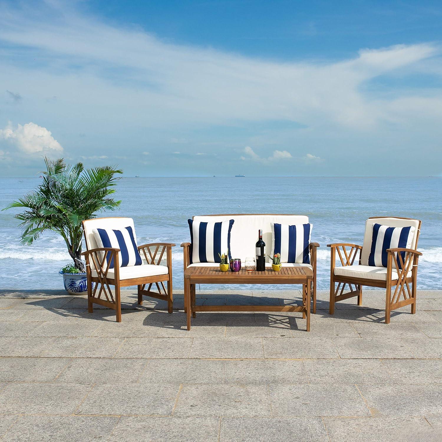 image:imageSAFAVIEH Outdoor Collection Fontana NaturalAqua Cushion 4Piece Conversation Patio SetNaturalBeige Thick Stripe