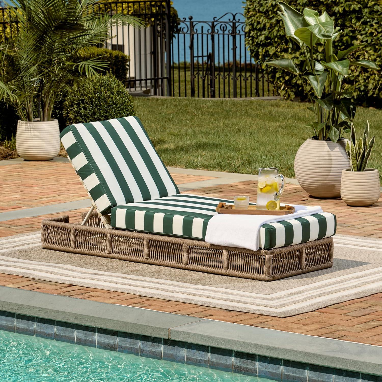 image:imageSAFAVIEH Outdoor Collection Gillian Tan RopeWhite Cushion Chaise Lounge Chair PAT7527AHeather TanHunter Green Stripe