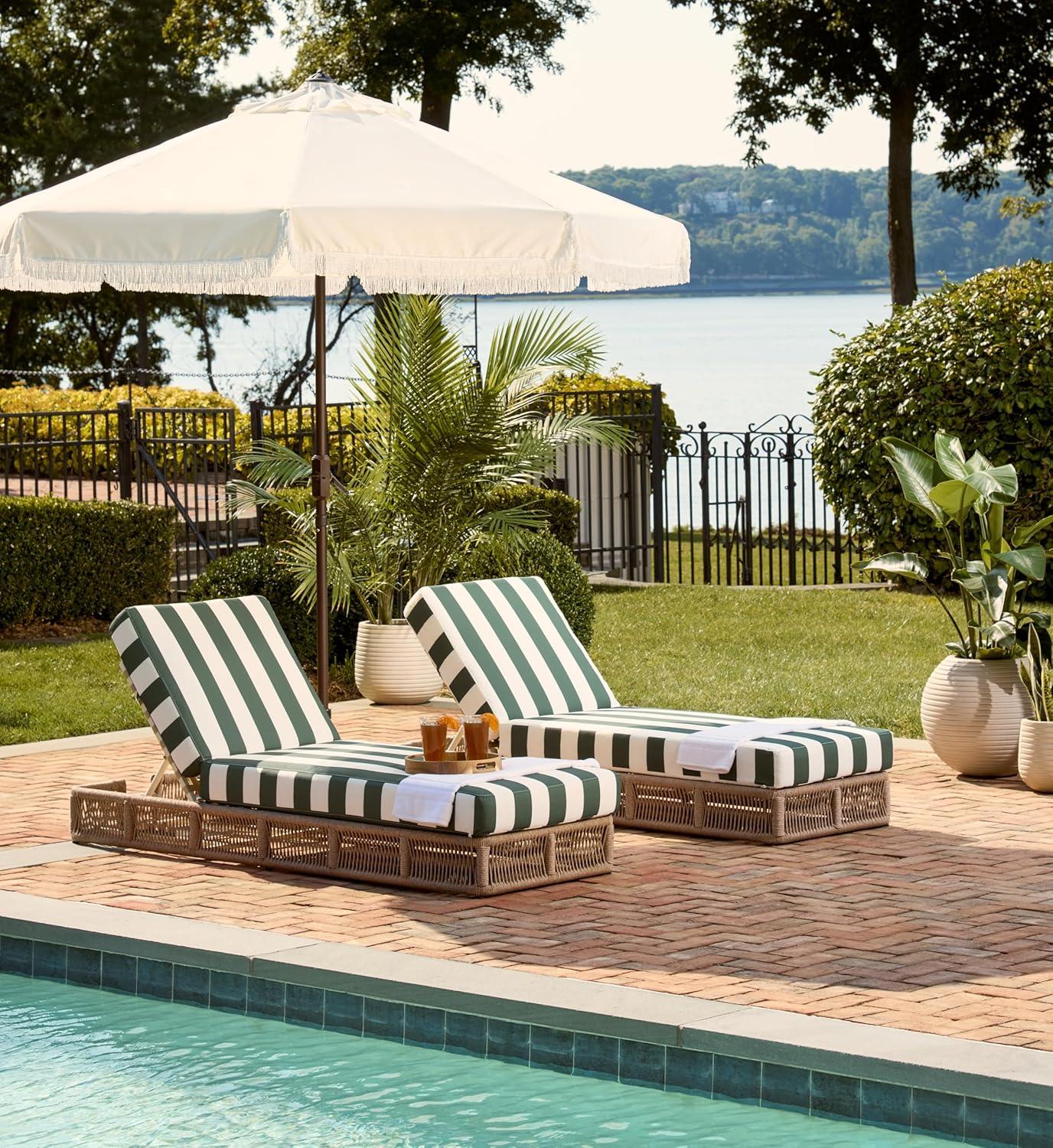 image:imageSAFAVIEH Outdoor Collection Gillian Tan RopeWhite Cushion Chaise Lounge Chair PAT7527AHeather TanHunter Green Stripe